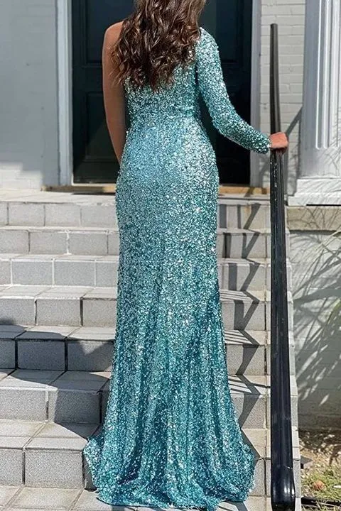 Sparkle One Shoulder Long Sleeve Side Split Prom Dresses