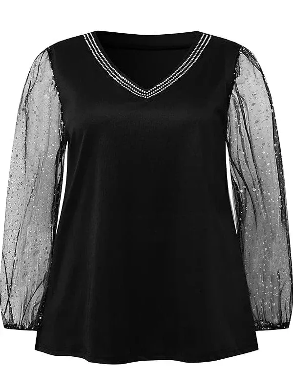 Stylish Plus Size Women's Mesh Rhinestone Blouse