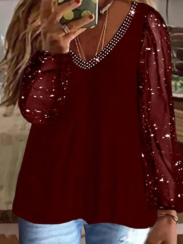 Stylish Plus Size Women's Mesh Rhinestone Blouse