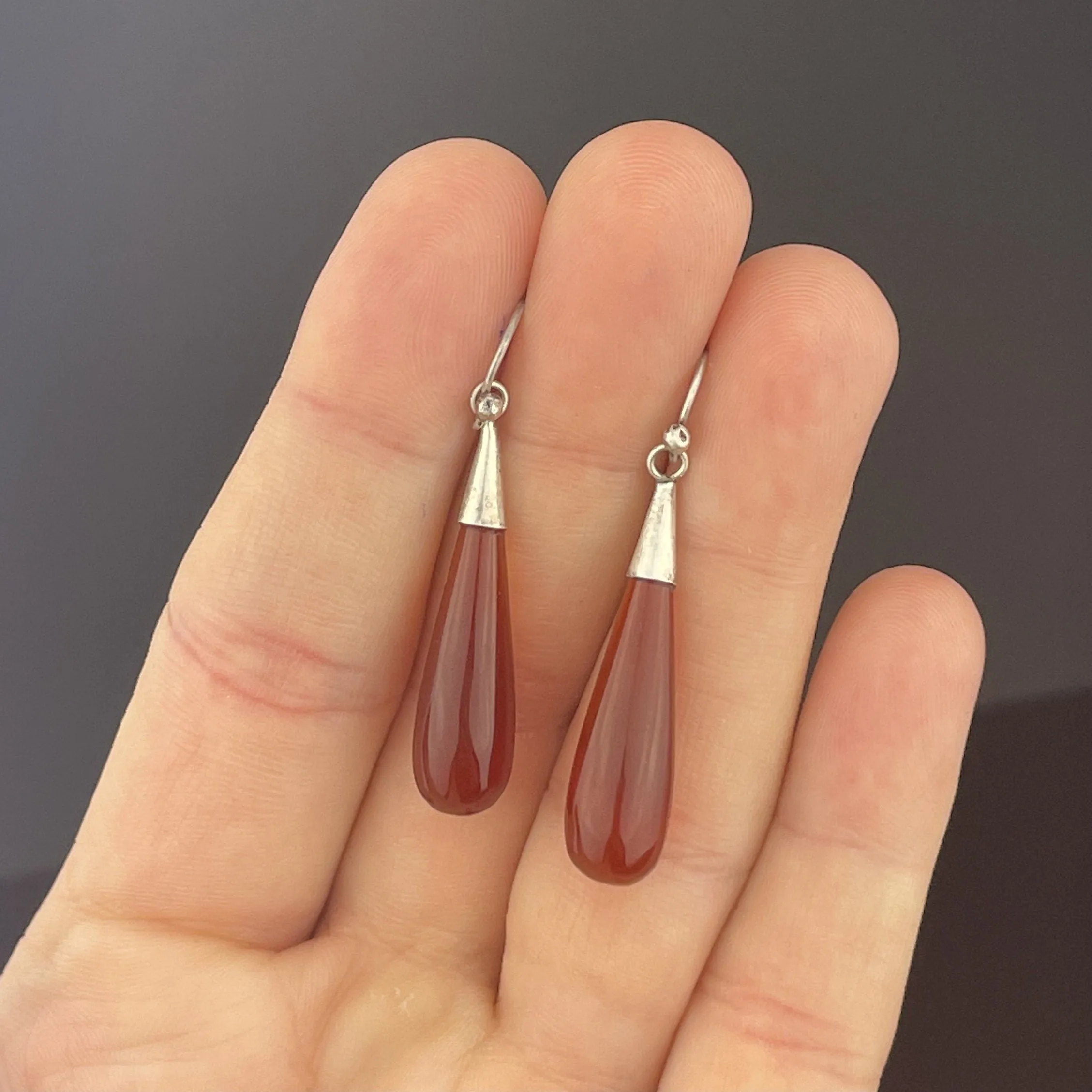 Vintage Art Deco Sterling Silver Carnelian Agate Drop Earrings