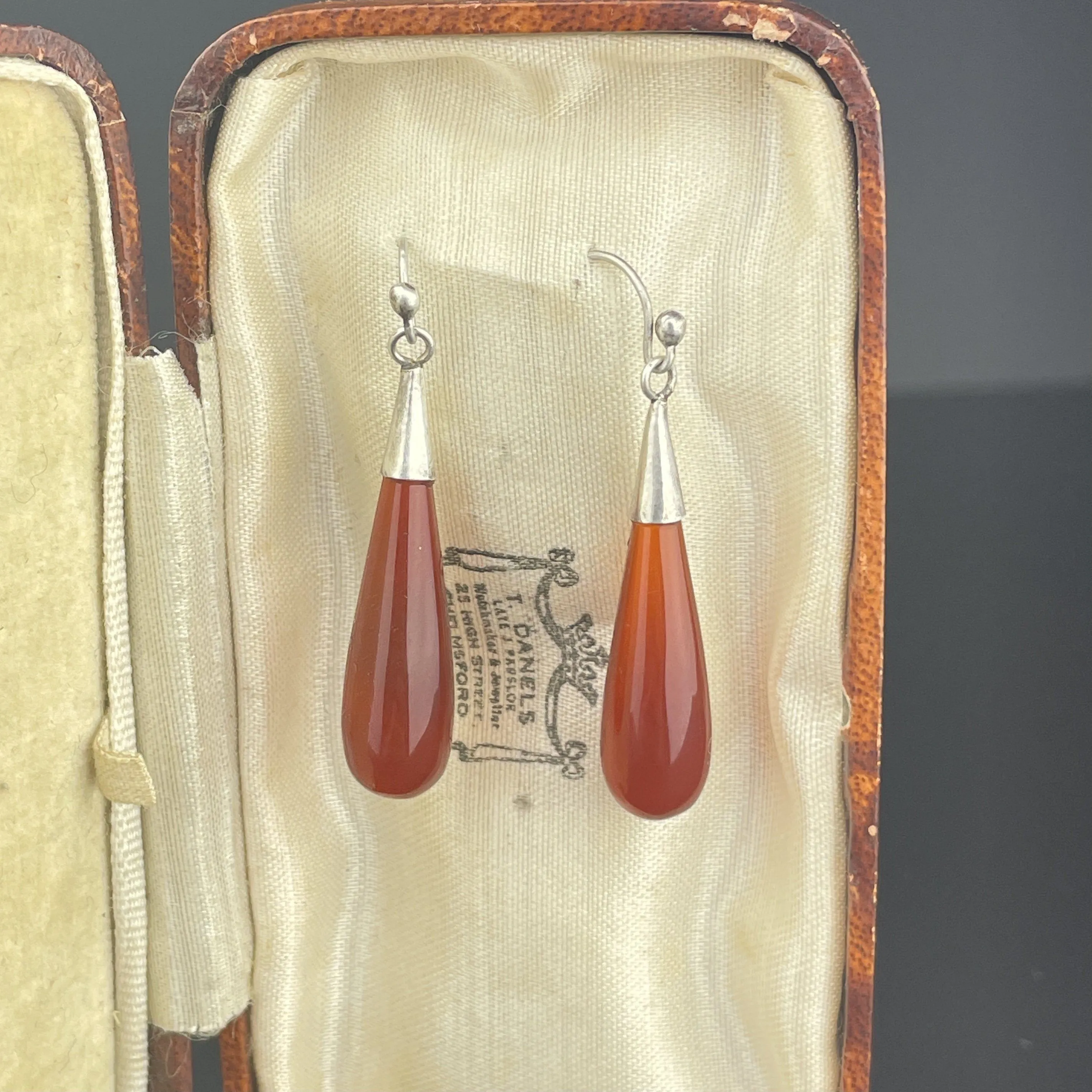 Vintage Art Deco Sterling Silver Carnelian Agate Drop Earrings