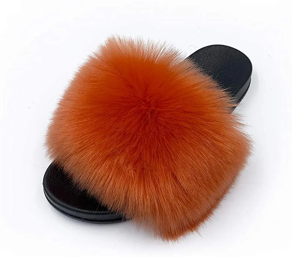 Womens Faux Fur Slippers Fluffy Fuzzy Open Toe Slides Flip Flop