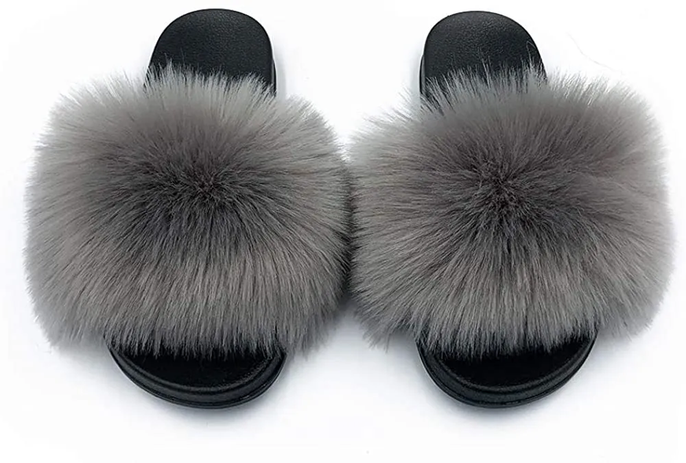 Womens Faux Fur Slippers Fluffy Fuzzy Open Toe Slides Flip Flop