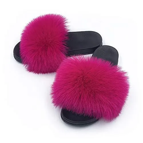 Womens Faux Fur Slippers Fluffy Fuzzy Open Toe Slides Flip Flop