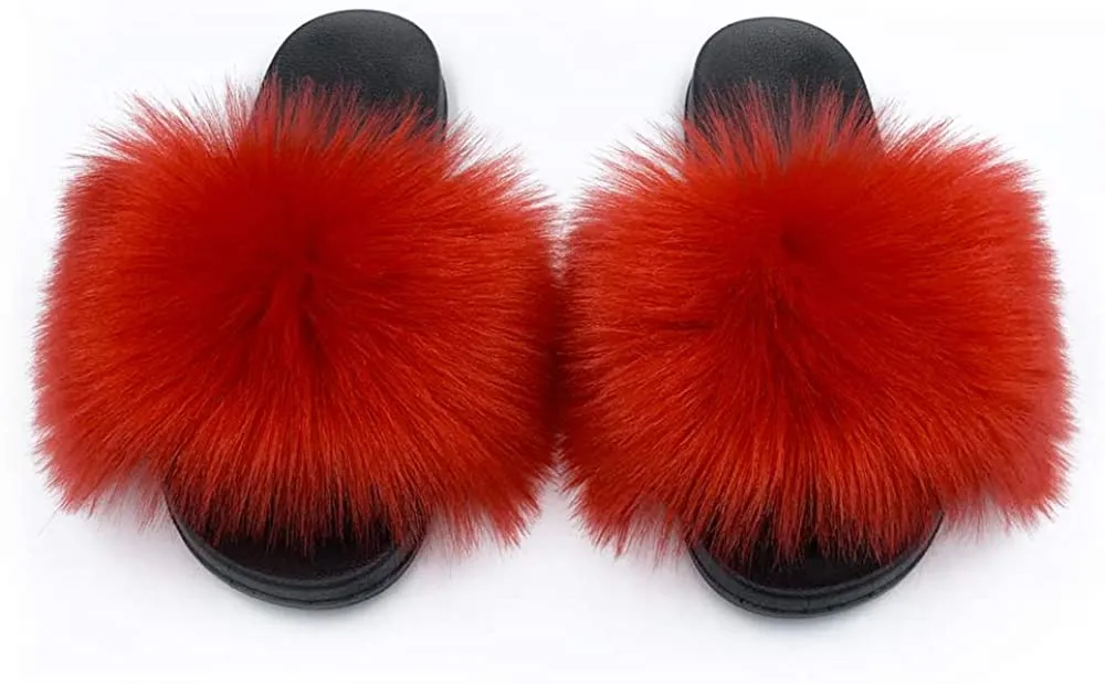 Womens Faux Fur Slippers Fluffy Fuzzy Open Toe Slides Flip Flop