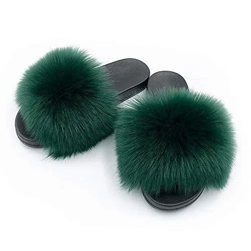 Womens Faux Fur Slippers Fluffy Fuzzy Open Toe Slides Flip Flop