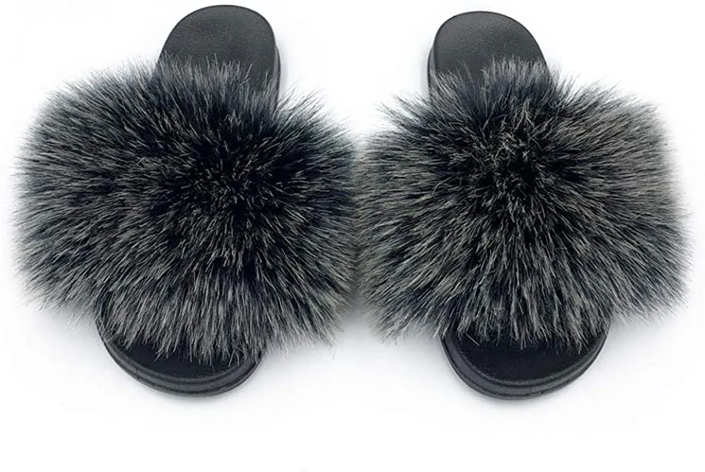 Womens Faux Fur Slippers Fluffy Fuzzy Open Toe Slides Flip Flop