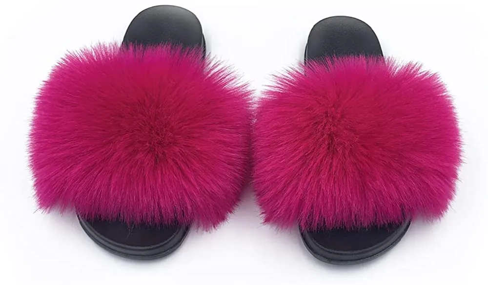 Womens Faux Fur Slippers Fluffy Fuzzy Open Toe Slides Flip Flop