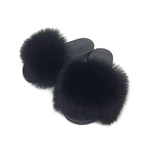 Womens Faux Fur Slippers Fluffy Fuzzy Open Toe Slides Flip Flop