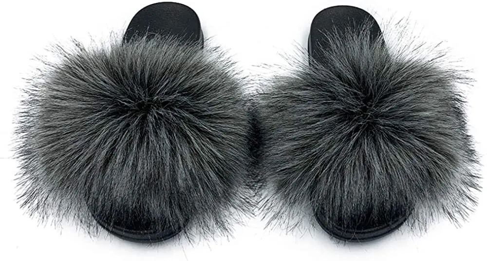 Womens Faux Fur Slippers Fluffy Fuzzy Open Toe Slides Flip Flop