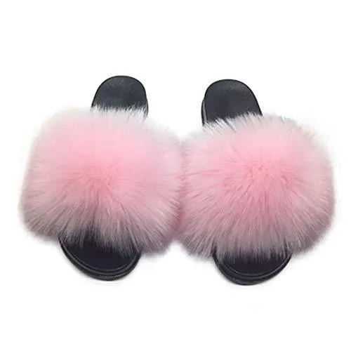 Womens Faux Fur Slippers Fluffy Fuzzy Open Toe Slides Flip Flop