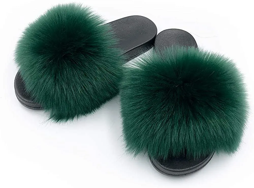 Womens Faux Fur Slippers Fluffy Fuzzy Open Toe Slides Flip Flop